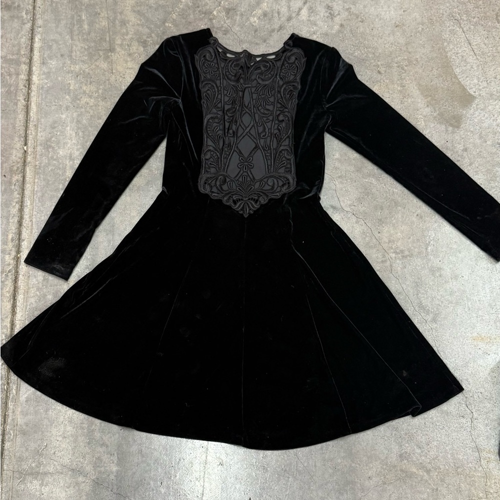 Jessica McClintock Black Velvet Long Sleeve Fit-and-Flare Dress - Picture 3 of 3